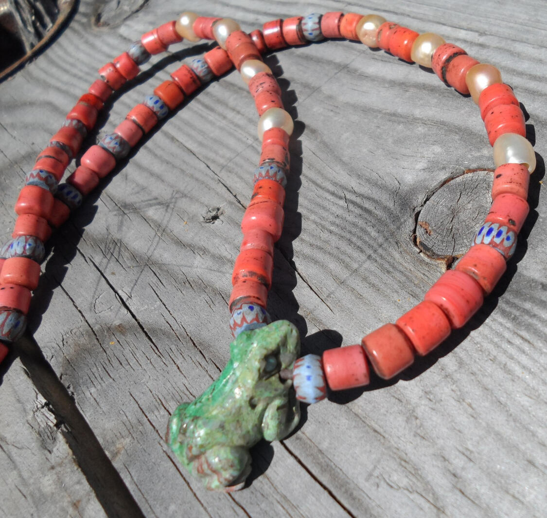 Trade beads & turquoise frog fetish necklace Trade beads & turquoise frog fetish necklace